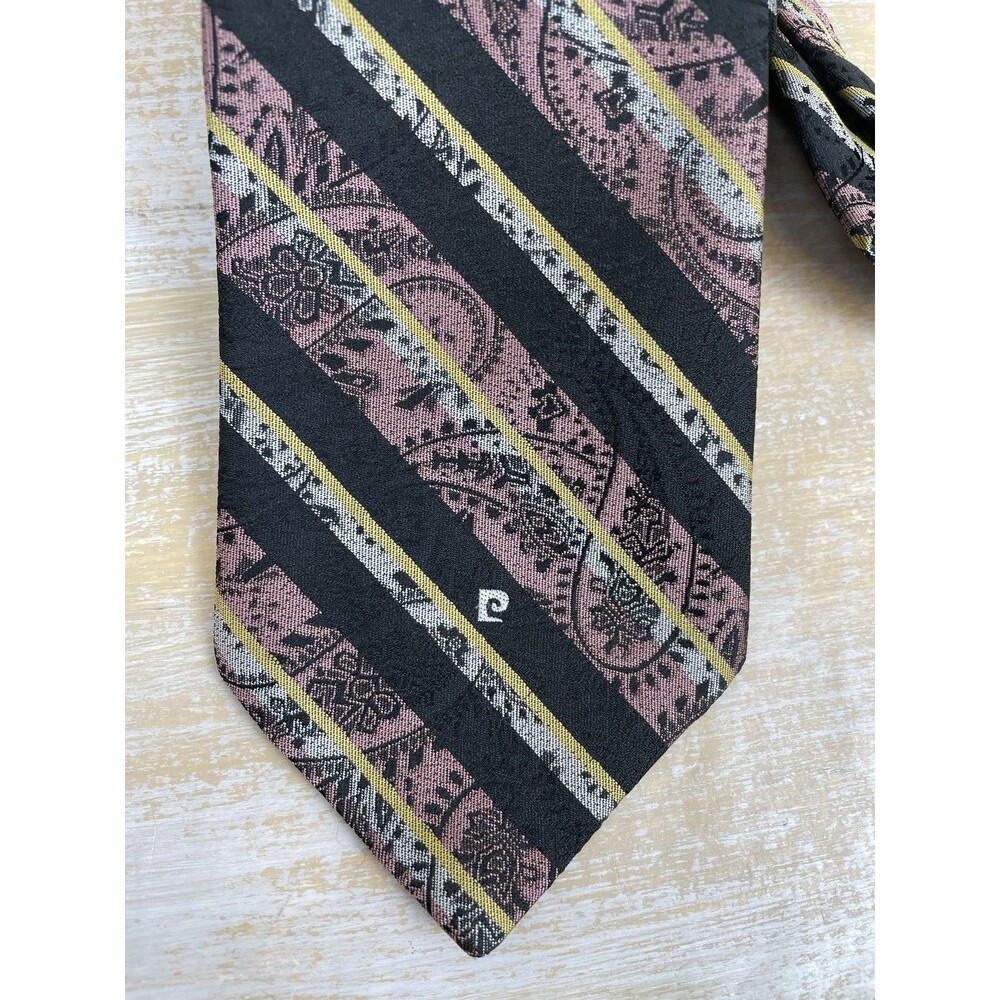 VTG 1980's Pierre Cardin Black Pink Paisley Striped Tie 58” x 3.75” USA